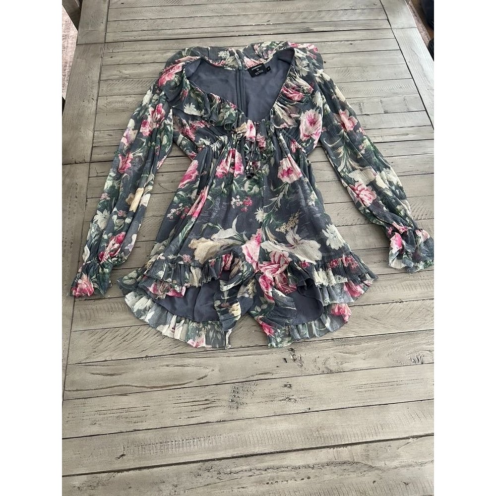 ZIMMERMANN Grey Floral Printed Silk Iris Cold-Shoulder Jumpsuit Size 1 Small